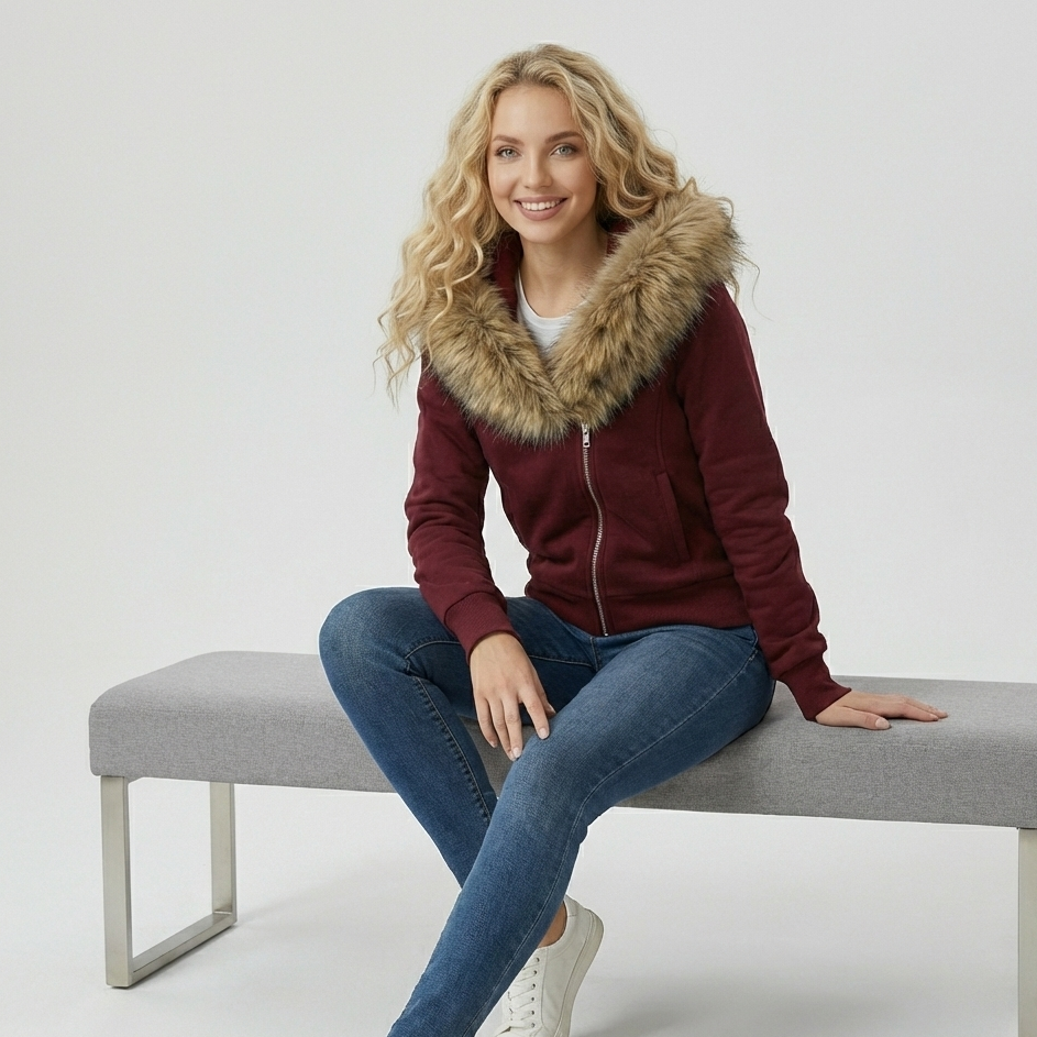 Women’s Zipper Hoodie Jacket with Big Faux Fur Hood