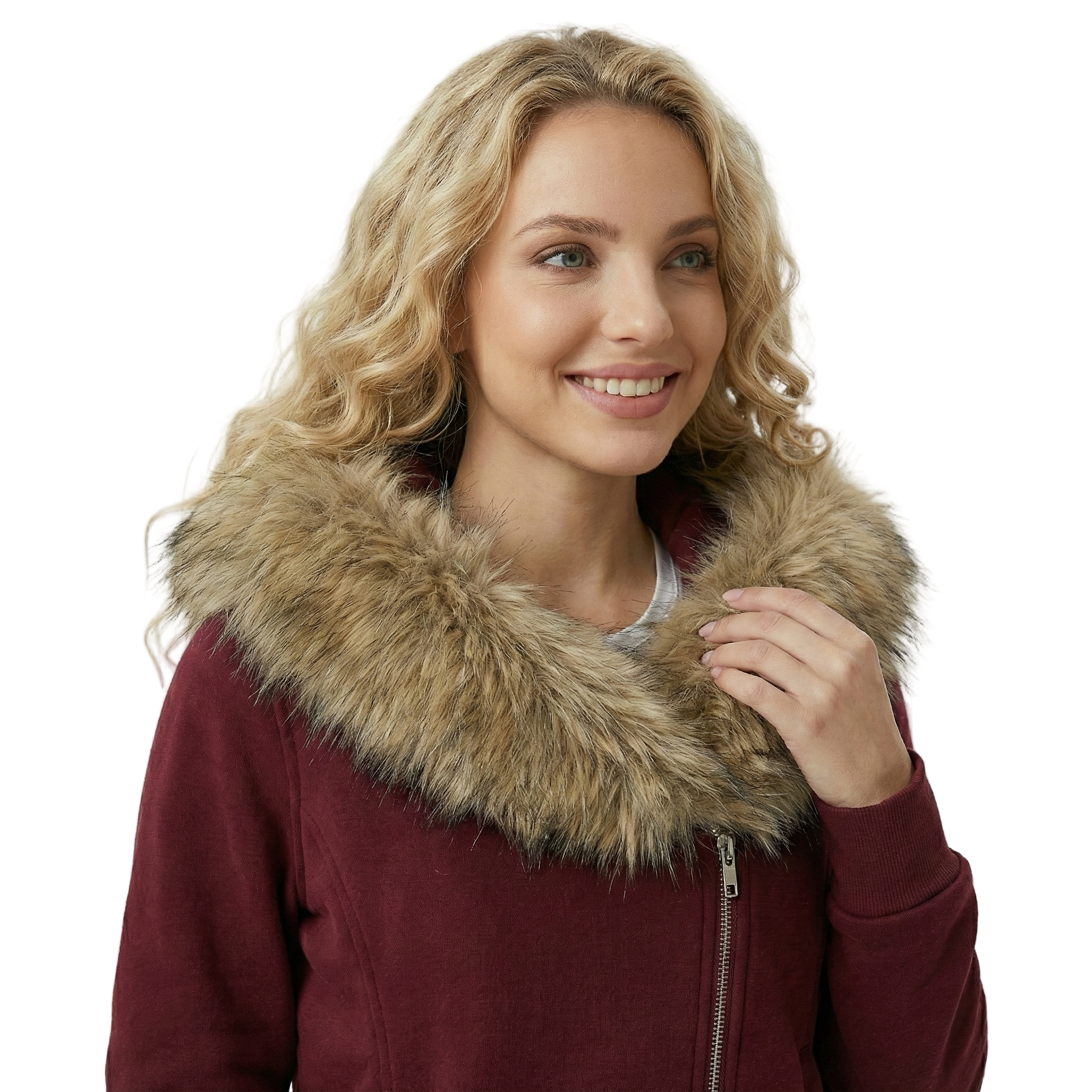 Women’s Zipper Hoodie Jacket with Big Faux Fur Hood