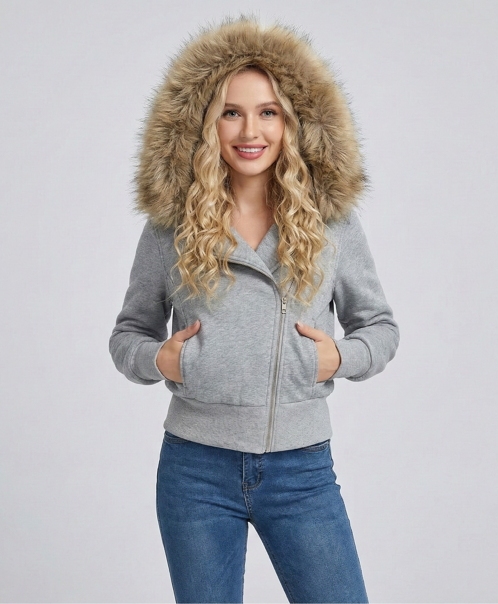Women’s Zipper Hoodie Jacket with Big Faux Fur Hood