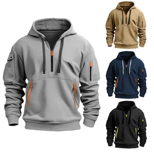 Collection of hoodies in various colors with zipper details on a white background