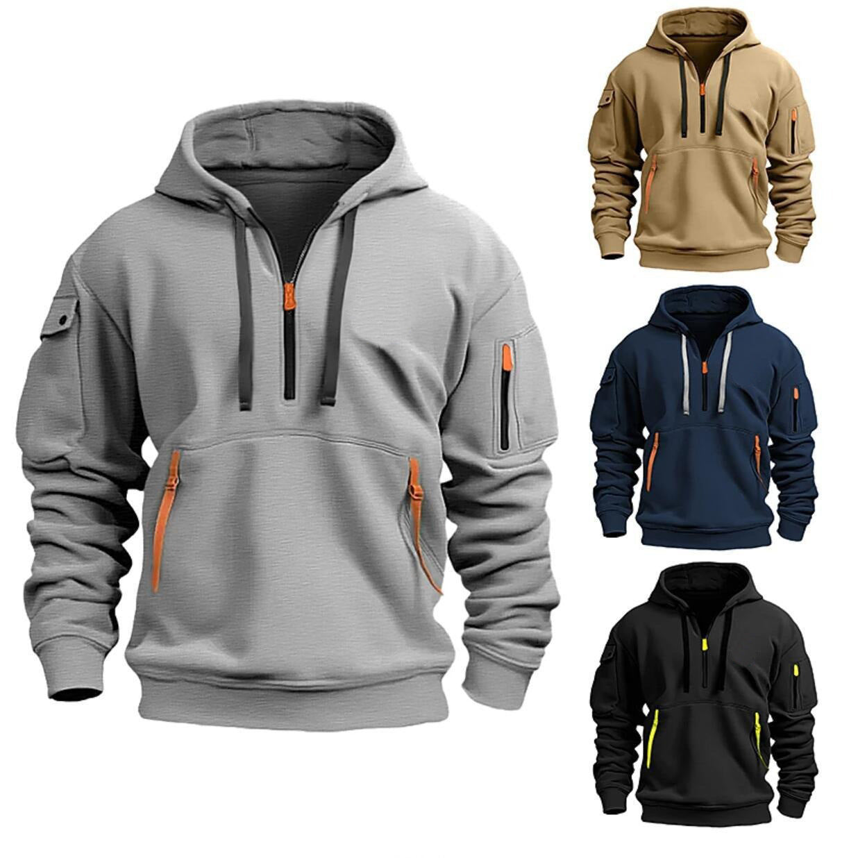 Collection of hoodies in various colors with zipper details on a white background