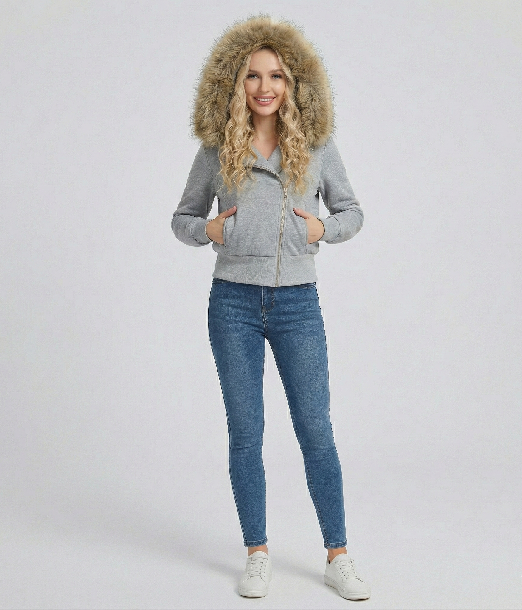 Women’s Zipper Hoodie Jacket with Big Faux Fur Hood
